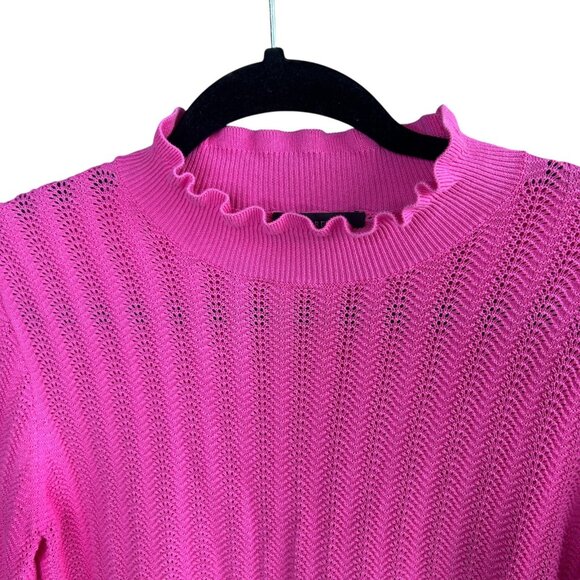 J. Crew Pointelle Ruffle Mock Neck Raspberry Pink Cotton Sweater Size Small - Picture 2 of 8
